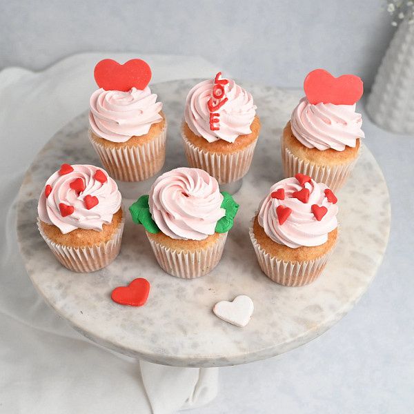 Set Of 6 Valentine Themed Vanilla Cupcakes