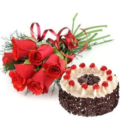 Red Rose With Black Forest Cake