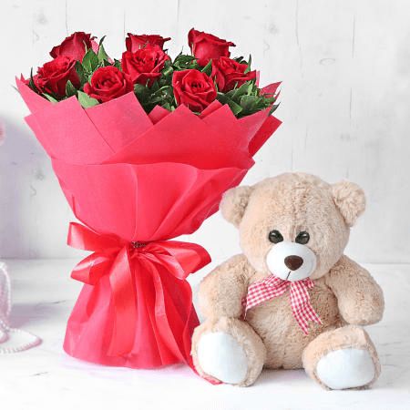 Gorgeous Red Rose Bouquet With Teddy