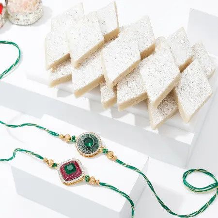 Set Of 2 Rakhi With Kaju Katli