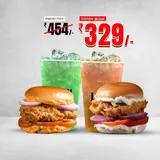 Crispy Peri Peri Burger + Classic Fried Chicken Burger + Orange Cascade Drink + Minty Green Apple Drink