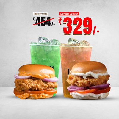 Crispy Peri Peri Burger + Classic Fried Chicken Burger + Orange Cascade Drink + Minty Green Apple Dr