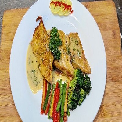GRILLED FISH LEMON BUTTER SAUCE(with satay vegetable )
