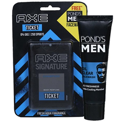 AXE ticket pocket perfume 17 ml  with FREE pond's men face wash worth 35/-