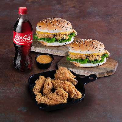 2 Junior Burgers, 6 Pc Chicken Wings, 1 Dip & 750 Ml Coke