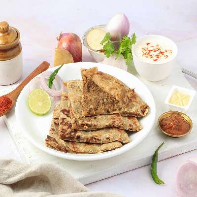 Aloo Onion Paratha + Pickle + Butter + Curd