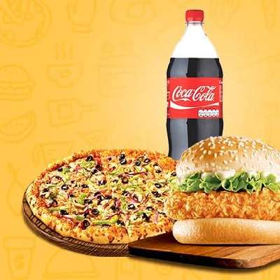 Veg Pizza[Medium 6 Slice] + Veg Burger+ Cold Drink 250Ml