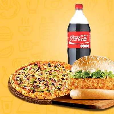 Veg Pizza[Medium 6 Slice] + Veg Burger+ Cold Drink 250Ml
