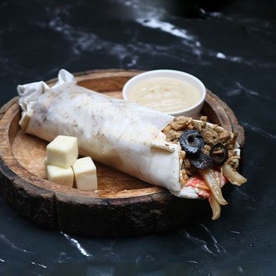 Chicken Shawarma With Olives, Cheese, Hummus