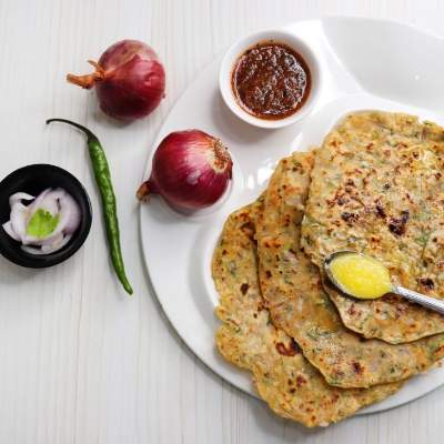 Desi Ghee Aalu Parantha With Curd, & Homemade Pickle