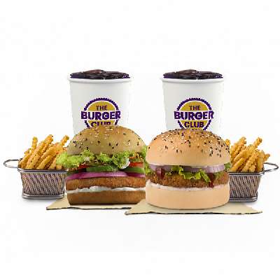 Veg Club Burger + Royal Veg Club Burger With 2 Crinkle Fries And 2 Pepsi