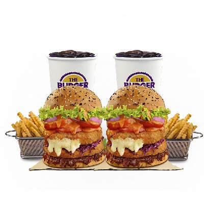Double Cheese Chicken Club Burger +  Double Cheese Veg Club Burger + 2 Crinkle Fries + 2 Pepsi