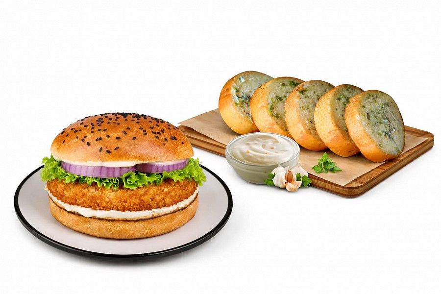 Veg Club Burger + Garlic Bread