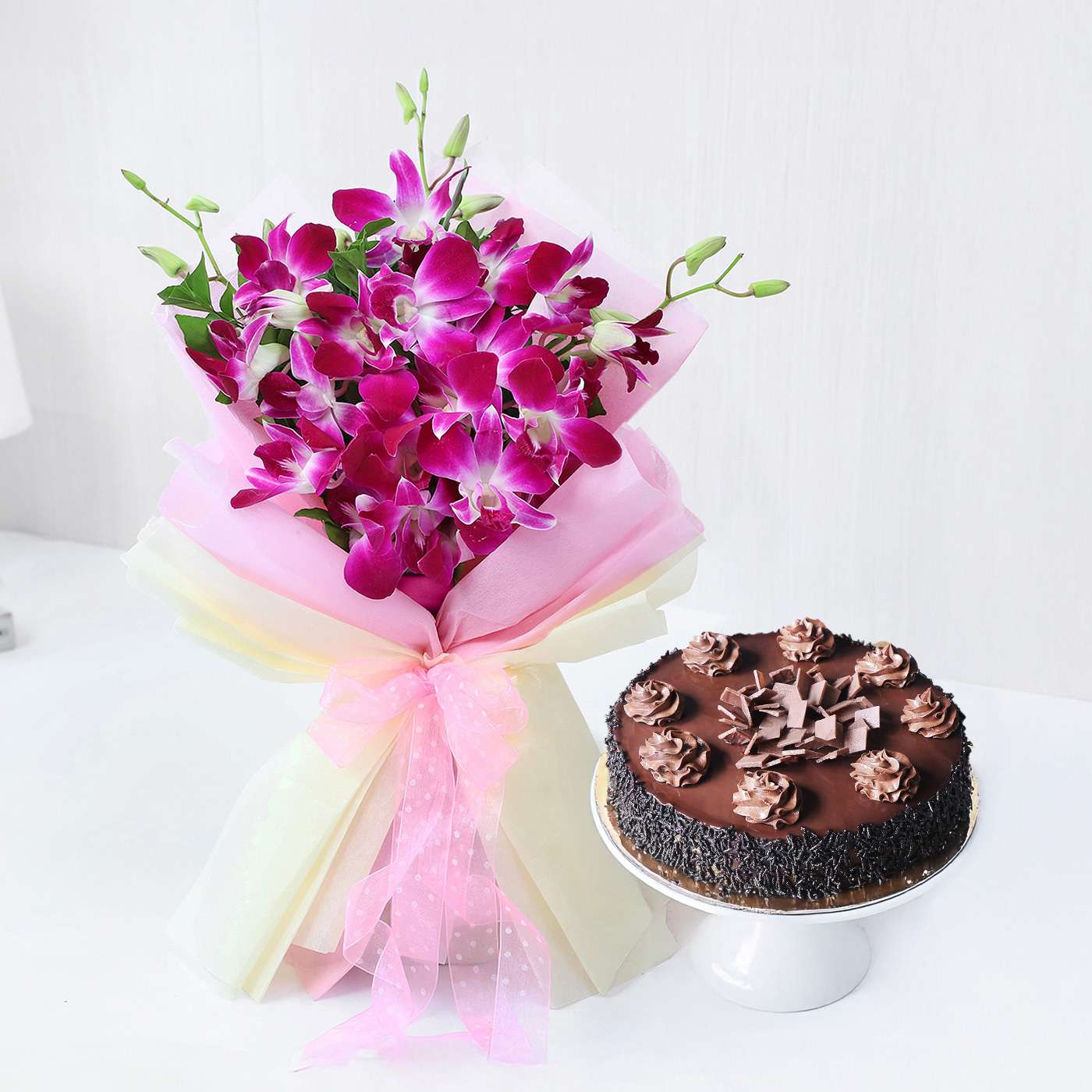 Decadent Chocolate Truffle Cake With Orchids Bouquet Combo