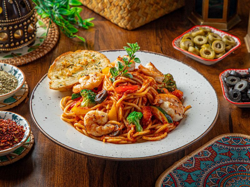 Prawns Spaghetti Pasta In Arrabiata Sauce