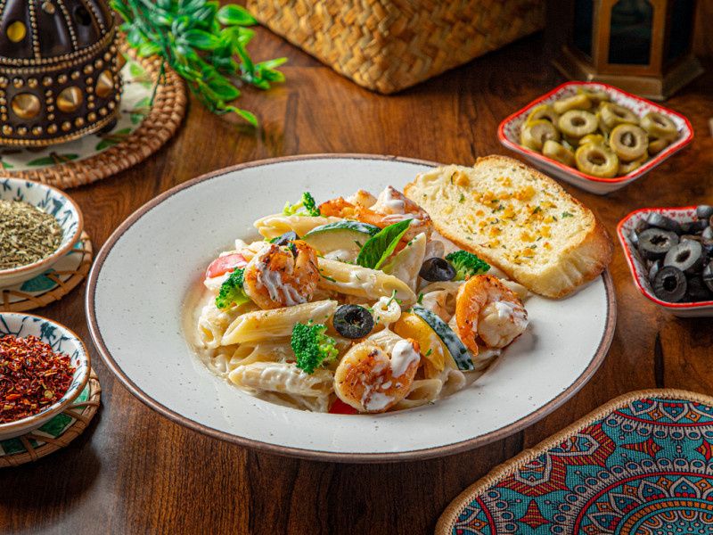 Prawns Penne Pasta In Cheese Sauce