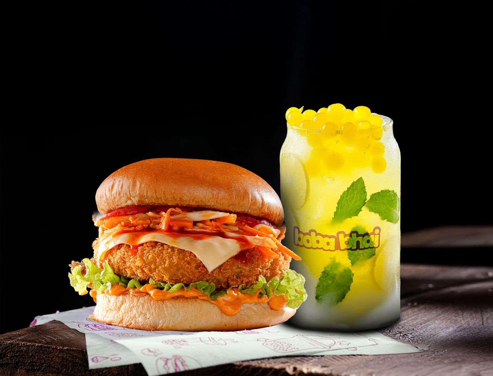 Korean Honey Sriracha Veggie Burger + Mint Mojito with Popping Bubbles