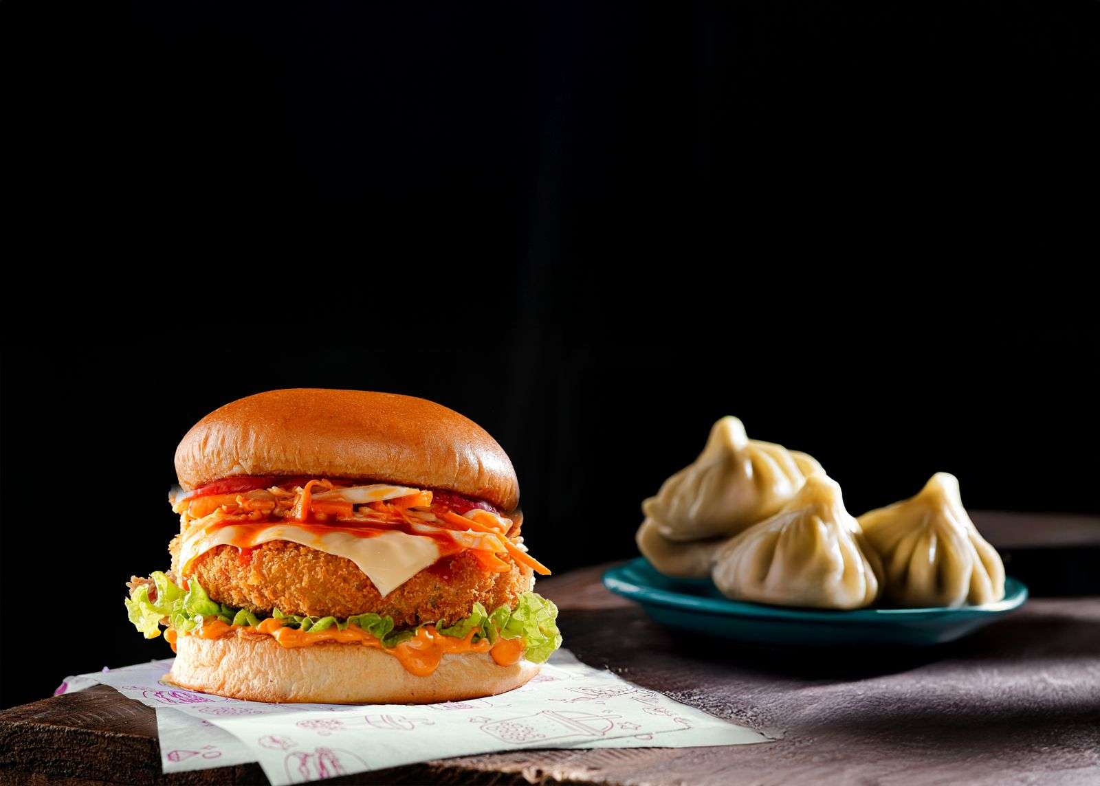 Korean Honey Sriracha Veggie Burger + Veg Momos (Steamed) - 6pcs