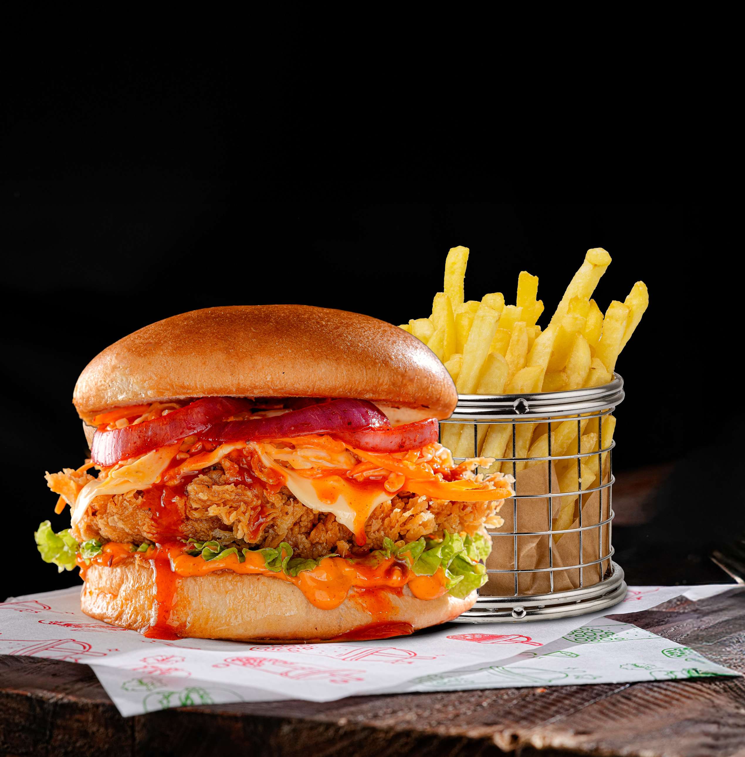 Korean Honey Sriracha Chicken Burger + Fries