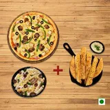 Peri Peri Veg Pizza ( R ) + Veg White Sauce Pasta + Free Garlic Bread Sticks + Dip