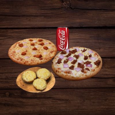 Exotic Tikka Pizza (R)+Keema &Onion Pizza(R)+Cheesy Garlic Bread+Coke