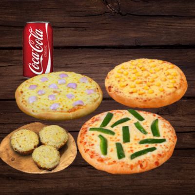 Onion Pizza+Sweet Cor+Capsicum Pizza+Cheesy Garlic Bread+Coke