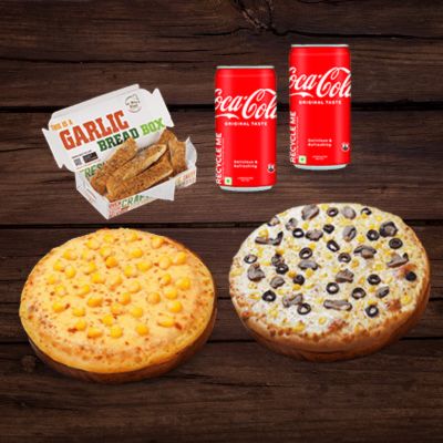 Lovers Bite Pizza (R )+Sweet Corn Pizza(R )+Chessy Garlic Bread+2 Coke