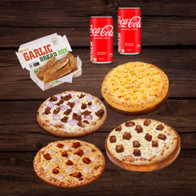 Exotic Tikka Pizza(R )+Keema & Onion Pizza (R )+Bbq Chicken Pizza (R )+Sweet Corn Pizza(R )+ Garlic 