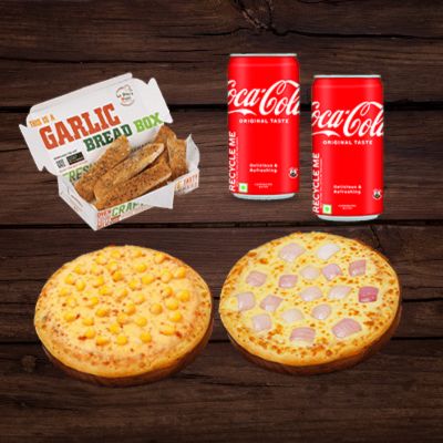 Onion Pizza (R )+Sweet Corn Pizza(R )+Capsicum Pizza(R )+Garlic Bread Stick +2 Coke