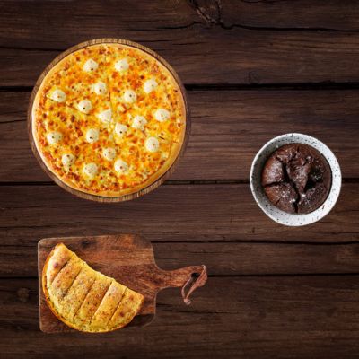 Cheesy 7 Pizza ( R ) + Paneer Tikka Stuffed Garlic Bread + Free Chocolava