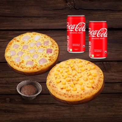 Onion Pizza (R )+Sweet Corn Pizza(R )+Chocolava+2 Coke