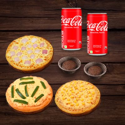 Onion Pizza (R )+Sweet Corn Pizza(R )+Capsicum Pizza(R )+2 Chocolava+2 Coke