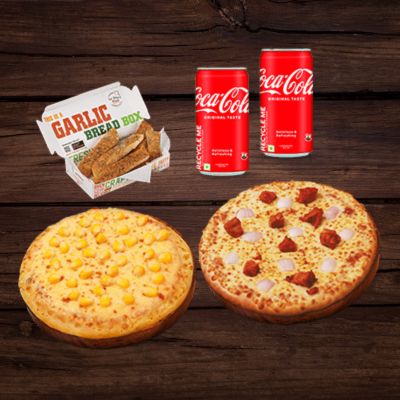 Exotic Tikka Pizza (R )+Sweet Corn Pizza(R )+Garlic Bread Stick +2 Coke