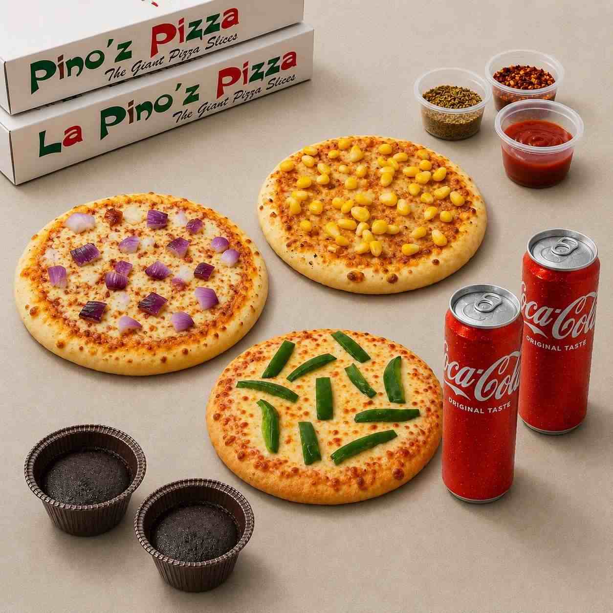 Onion Pizza (R )+Sweet Corn Pizza(R )+Capsicum Pizza(R )+Garlic Bread Stick +2 Coke