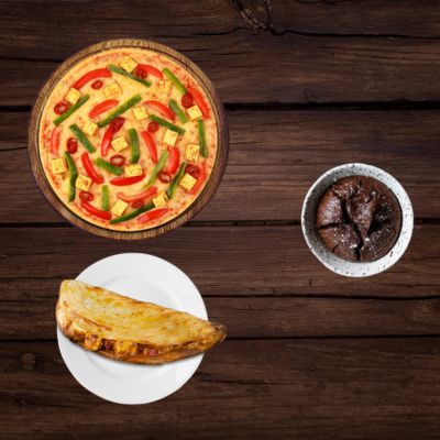Farmvilla Pizza ( R ) + Paneer Tikka Butter Masala & Red Paprika Taco + Free Chocolava