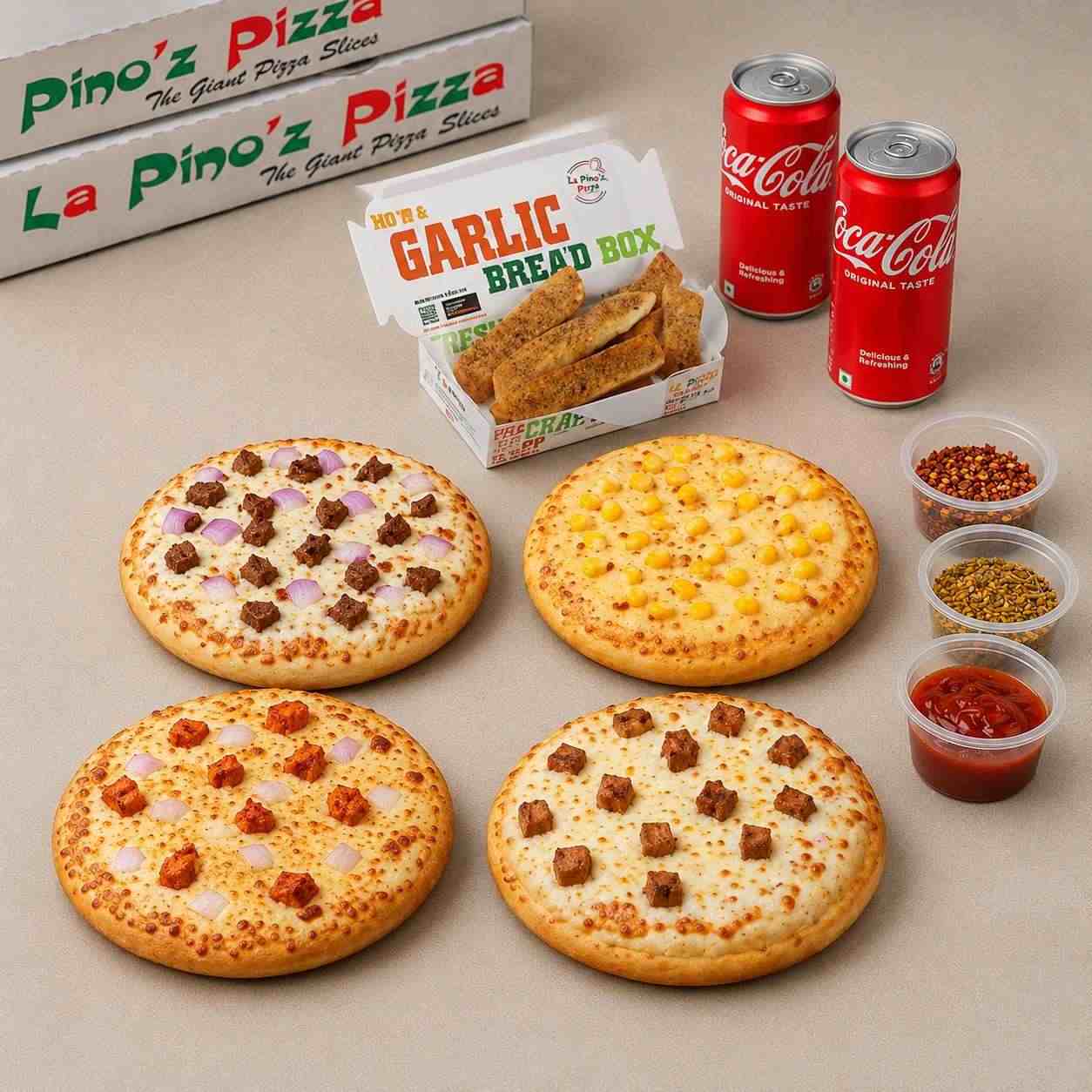 Exotic Tikka Pizza+Keema&Onion Pizza+Bbq Chicken Pizza+Sweet Corn Pizza+ Garlic Bread Stick+2 Coke