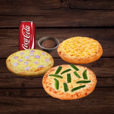 Onion Pizza+Sweet Corn Pizza+Capsicum Pizza+Choco Lava+Coke