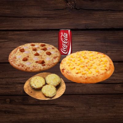 Exotic Tikka Pizza + Sweet Corn Pizza + Cheesy Garlic Bread + Coke