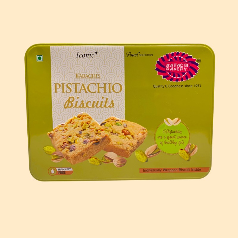 Pistachio Biscuits Tin Box – 400 gms Mrp : 650 ( 1 Case : 10 Boxes )
