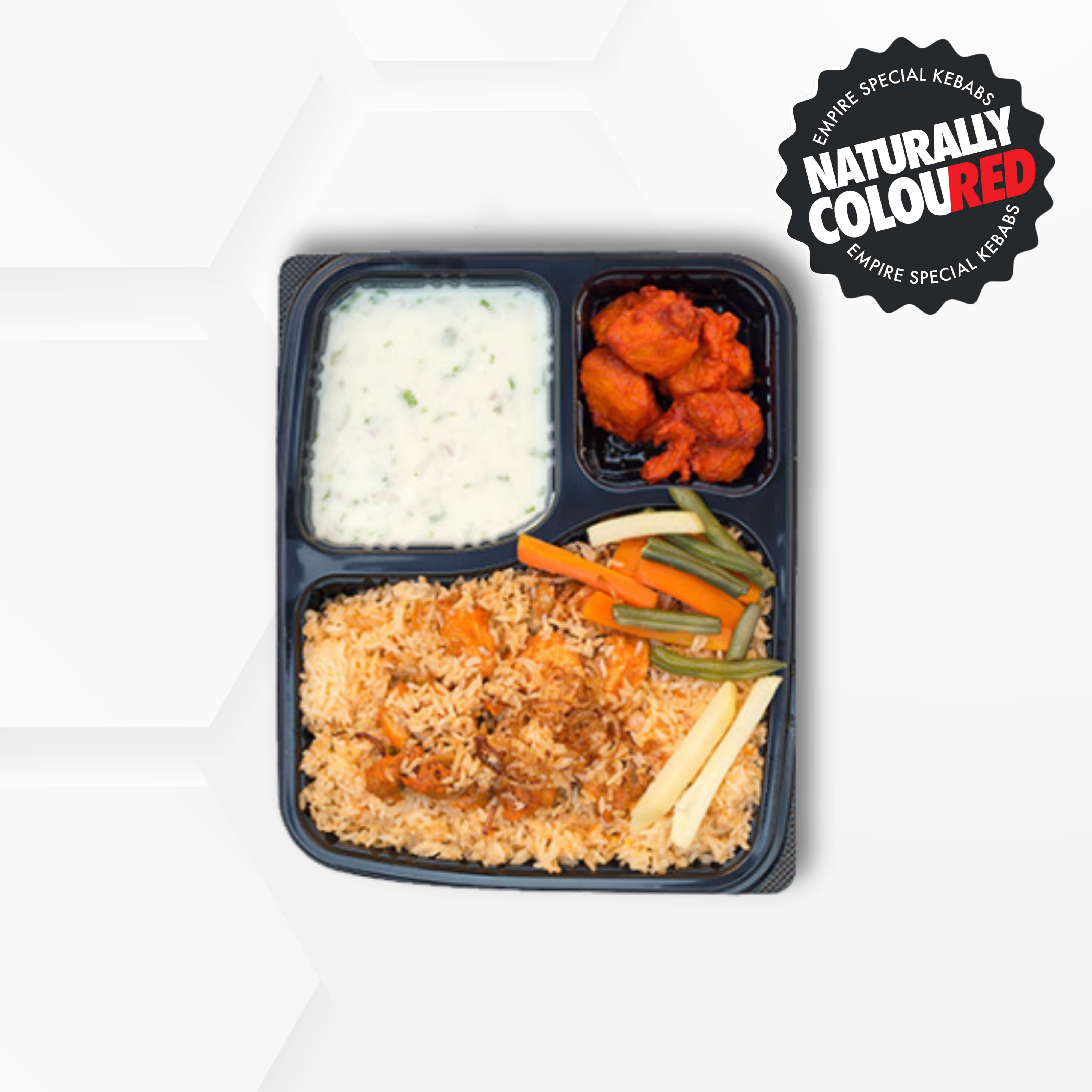 Chicken Biryani (Regular), Raita & Popcorn Kebab