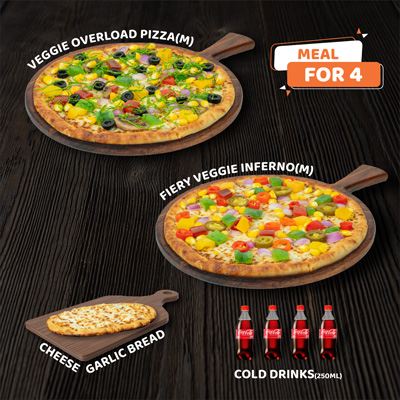 Veggie Overload Pizza(M) + Fiery Veggie Inferno Pizza(M) + Cheese Garlic Bread + 4 Cokes