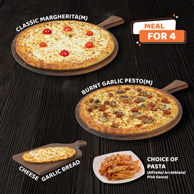 Margherita Pizza(M) + Garlic Pesto Pizza(M) + Choice Of Pasta + Garlic Bread