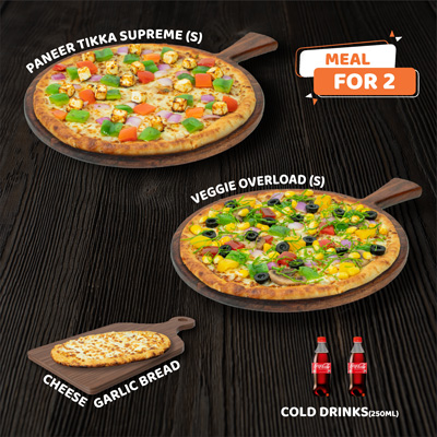 Paneer Tikka Supreme Pizza(S) + Veggie Overload Pizza(S) + Cheese Garlic Bread + 2 Cokes (250ml)