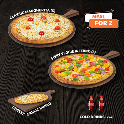 Classic Margherita Pizza(S) + Fiery Veggie Inferno Pizza(S) + Garlic Bread + 2 Cokes (250ml)