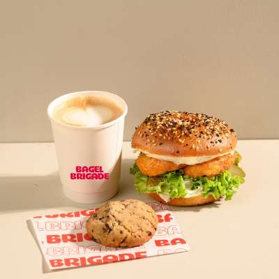 Hashbrown Jalapeño Cream Cheese Stack + Hot Cappuccino + Chocolate Chip Cookie