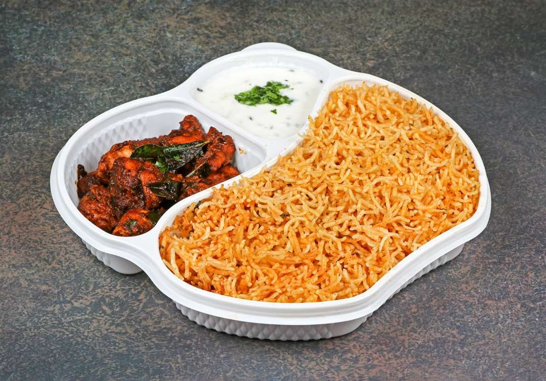 Biryani Rice, Pepper Chicken Dry Boneless and Raitha