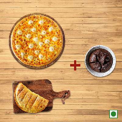 Cheesy 7 Pizza ( R ) + Paneer Tikka Stuffed Garlic Bread + Free Chocolava