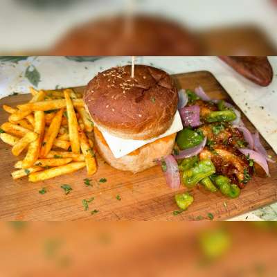 Paneer Kurkure Momos Burger + Fries + Honey Chili Momos