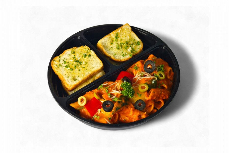 Penne Pasta In Arrabiata Sauce- Garlic Bread.