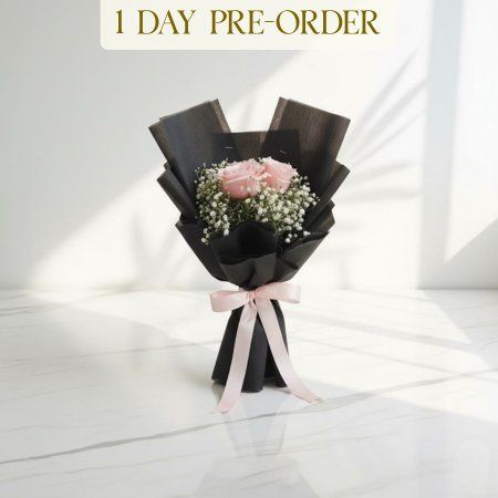 3 Pink Roses & Baby’s Breath Bouquet In Black Wrap